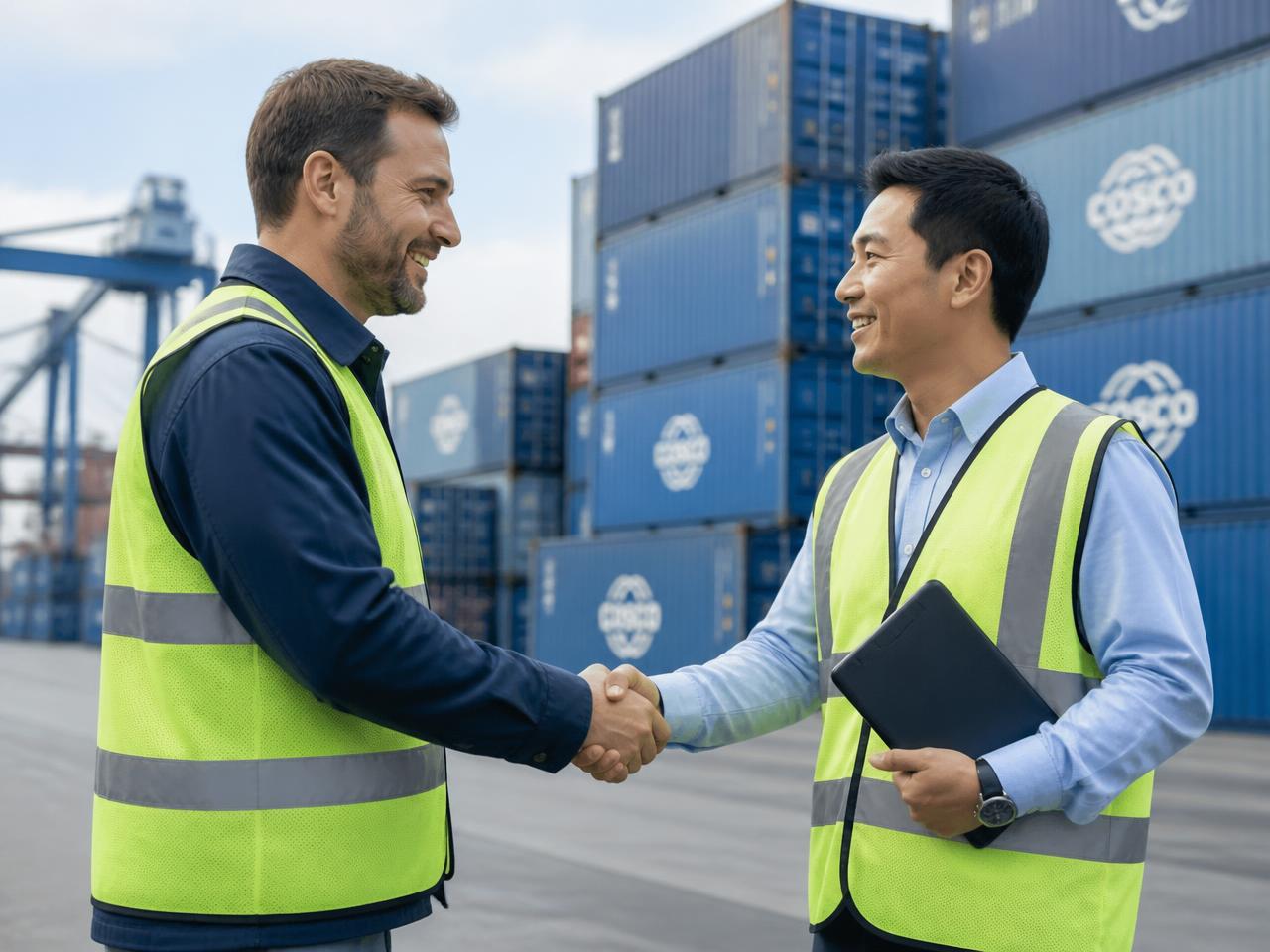 Twee logistiek medewerkers geven elkaar een hand op een containerterrein