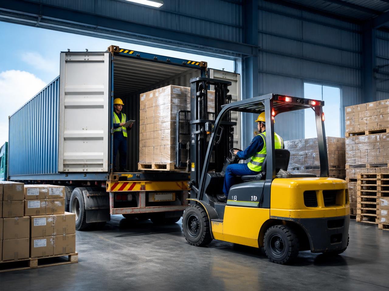 Heftruck lost een container in een magazijn